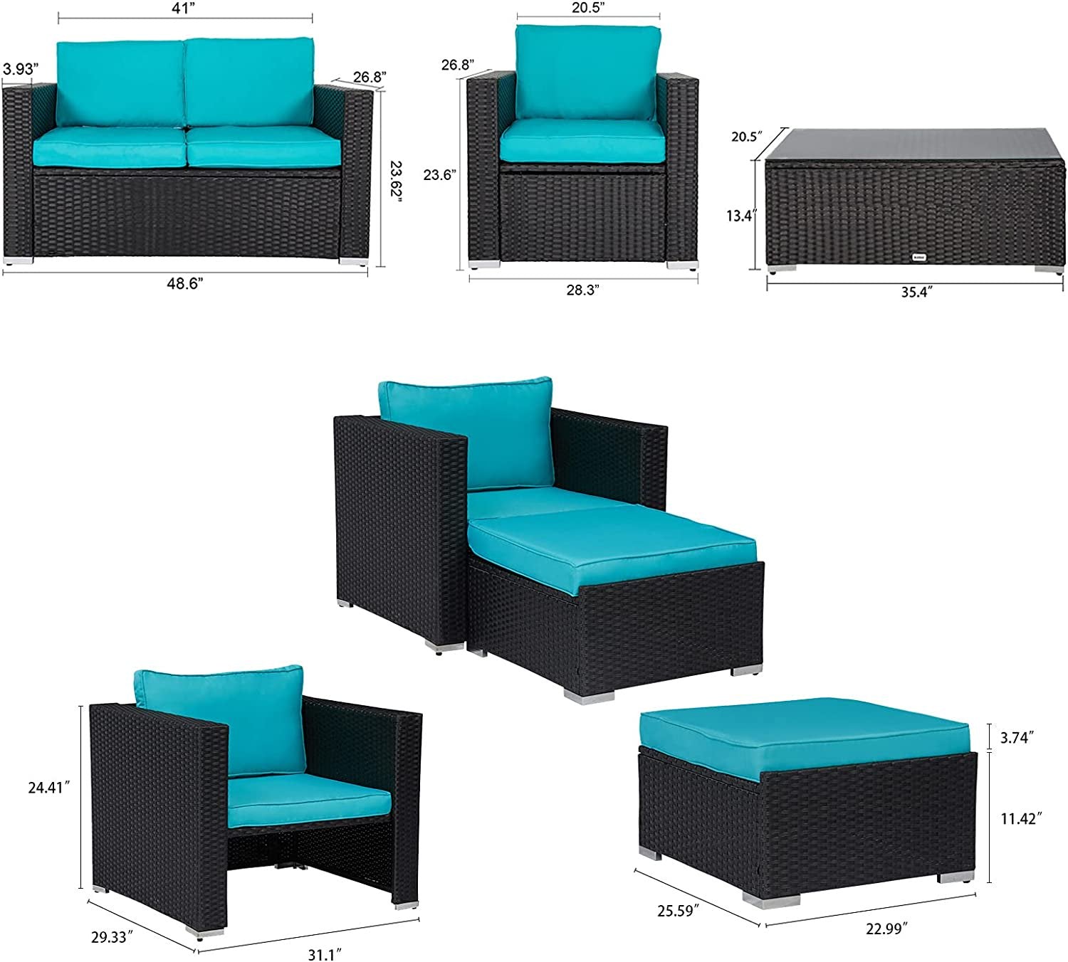 Kinbor 5PCS Patio Furniture Set Outdoor Sectional Sofa Lawn Conversation Sets Wicker Rattan Chair with Ottoman, Turquoise