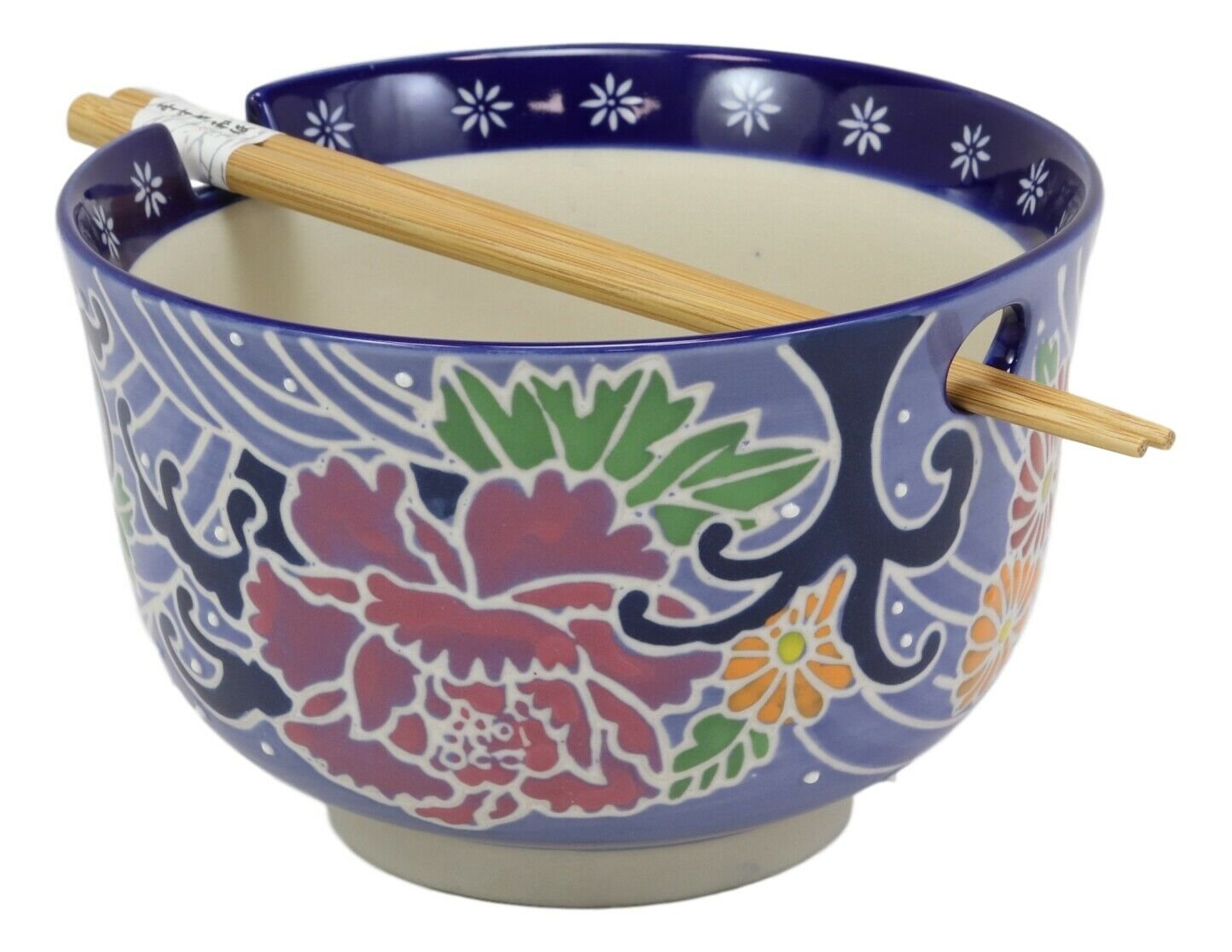 1 Blue Floral Breeze Ramen Noodles Large 6.25D Pho Soup Bowl With Chopsticks Set EBR02