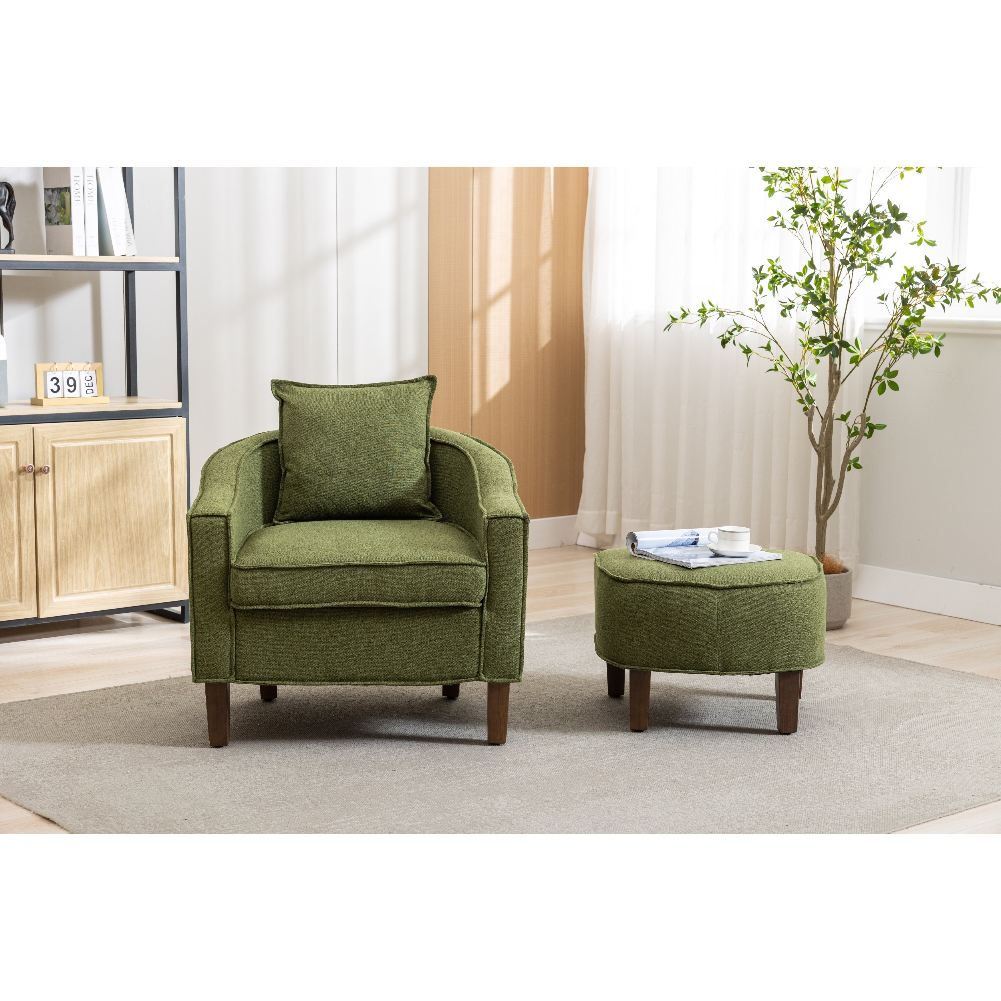 Modern Barrel Chair Mid Century Upholstered Accent Chair Round Arms Chair with Ottoman， Green