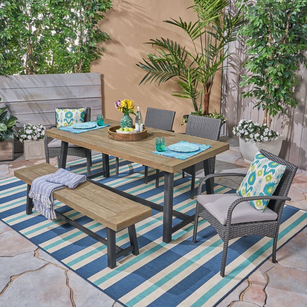 Tara Outdoor 6 Piece Wood and Wicker Dining Set with Chairs and Bench by Christopher Knight Home