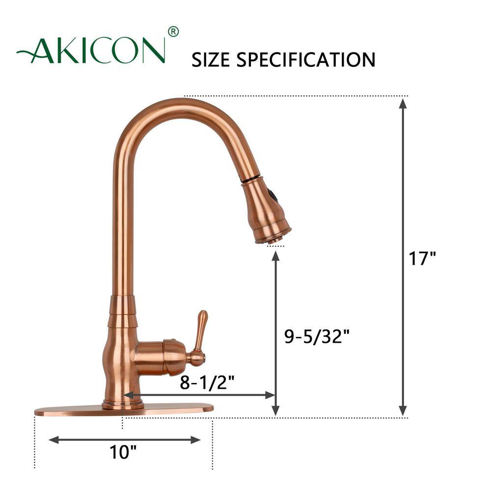 Akicon Single-Handle Pull-Down Sprayer Kitchen Faucet with Deck Plate in Copper AK418-D-C