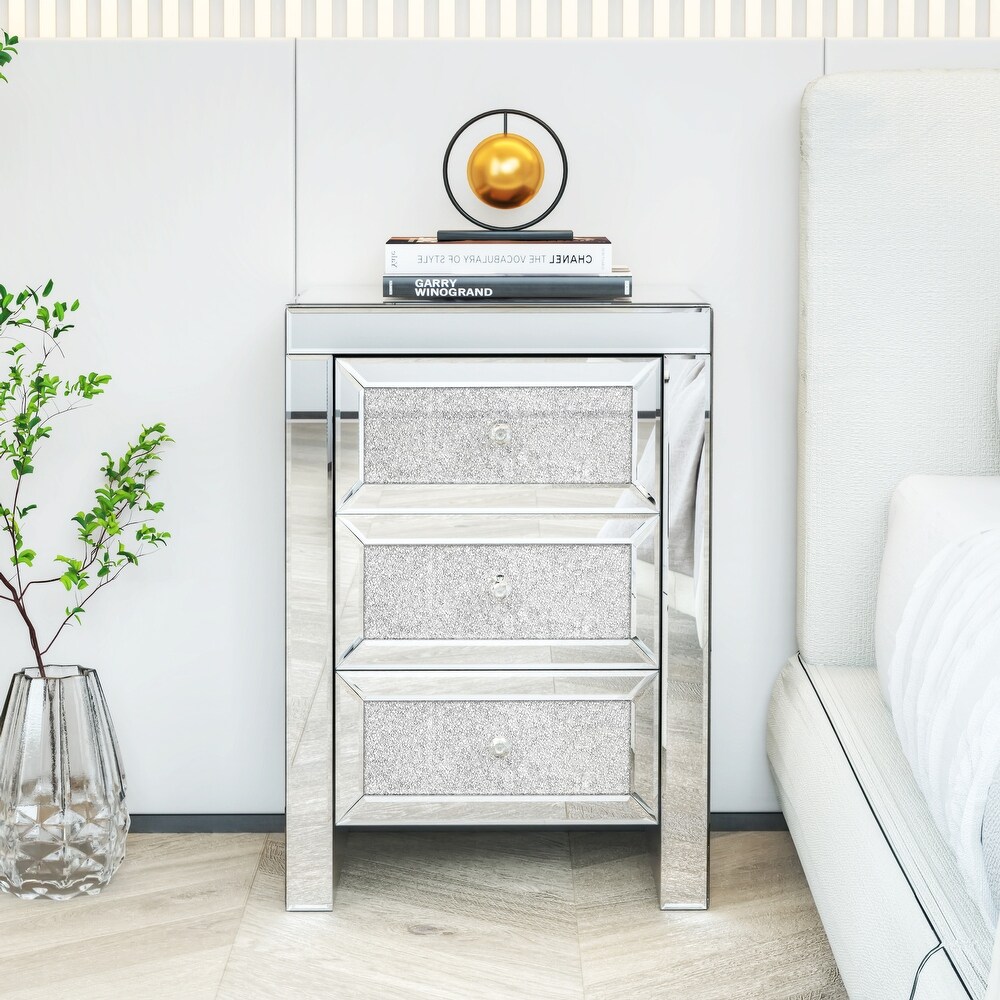 Mirrored Nightstand with 3 Crystal Drawers Silver Bedside Tables  Mirrored End Table Side Table for Bedroom Living Room