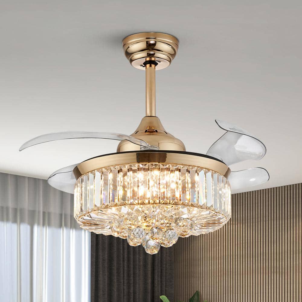 ANTOINE 36 in Integrated LED Indoor Gold Crystal Chandelier Retractable Blades Ceiling Fan with Light and Remote