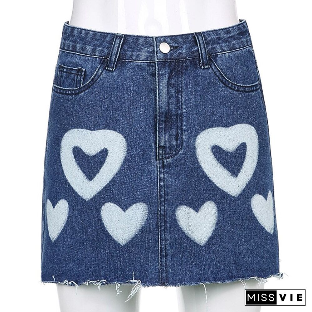 Y2K Harajuku Summer High Waist Denim Skirt A Line Heart Print Mini Skirts Aesthetic Casual Cute Korean Fashion Denim Skirt