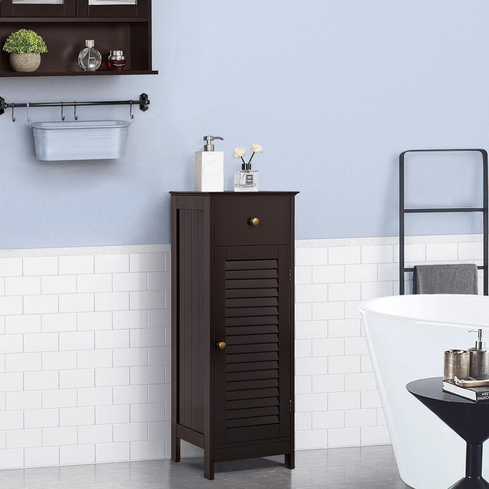 Bathroom Floor Storage Cabinet  Wooden Free Standing Storage Organizer Unit with Drawer and Door Cabinet  Tall Side Table