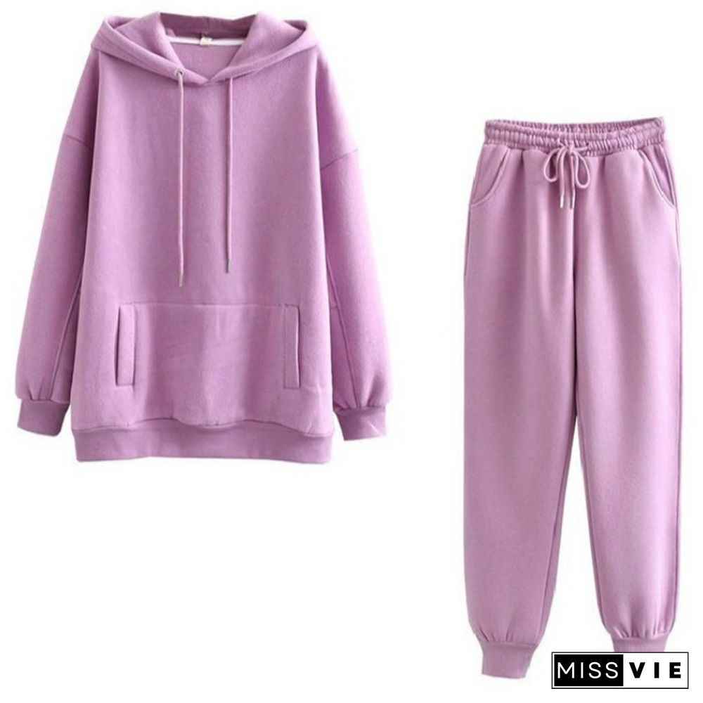 Autumn Winter Women Tracksuit Thick Fleece 100% Cotton Suit 2 Pieces Sets Hoodies Sweatshirt And Pants Suits