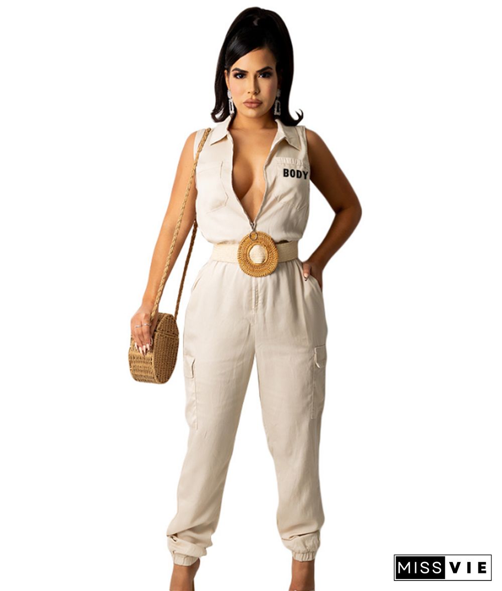 Turn-down Collar Sleeveless Zipper Casual Jumpsuit