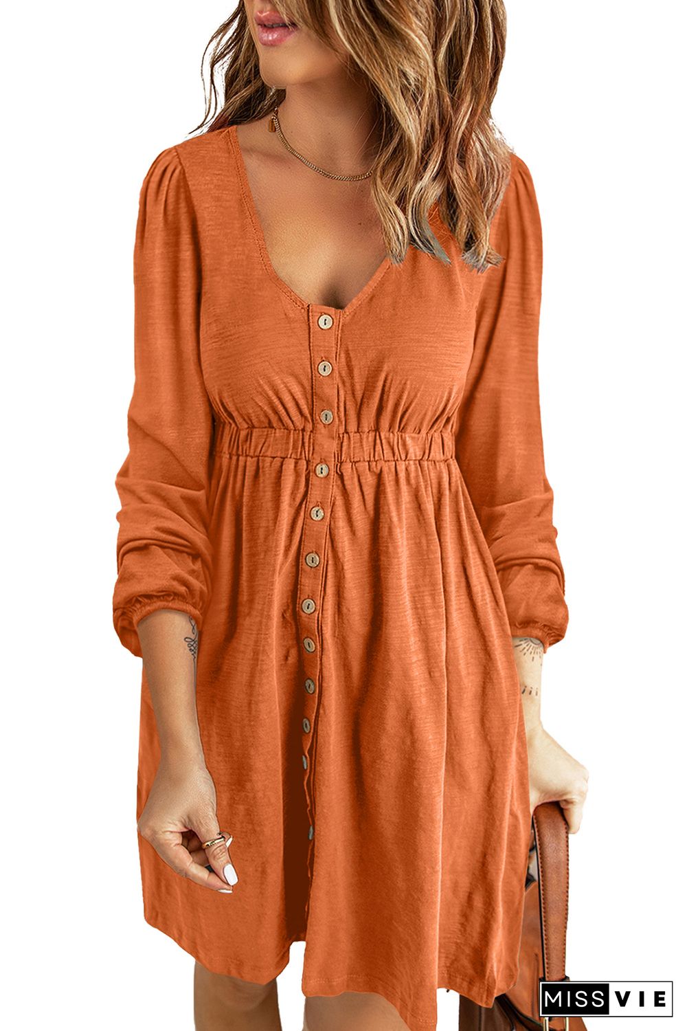 Orange Button Up High Waist Long Sleeve Dress