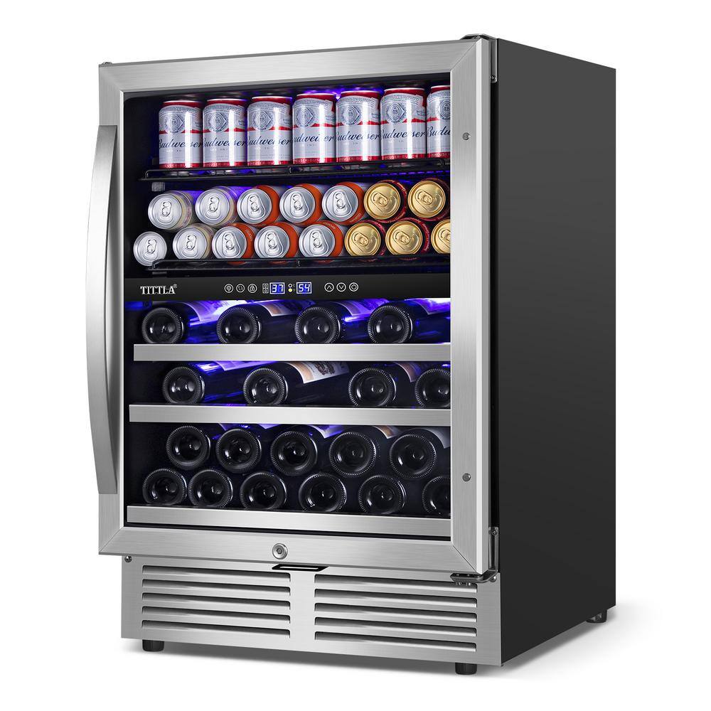 TITTLA 23.47 in. Dual Zone 29-Wine Bottles  90-Cans Beverage  Wine Cooler in Silver Reversible Door Hinge Interior Blue LED KMYC150-2