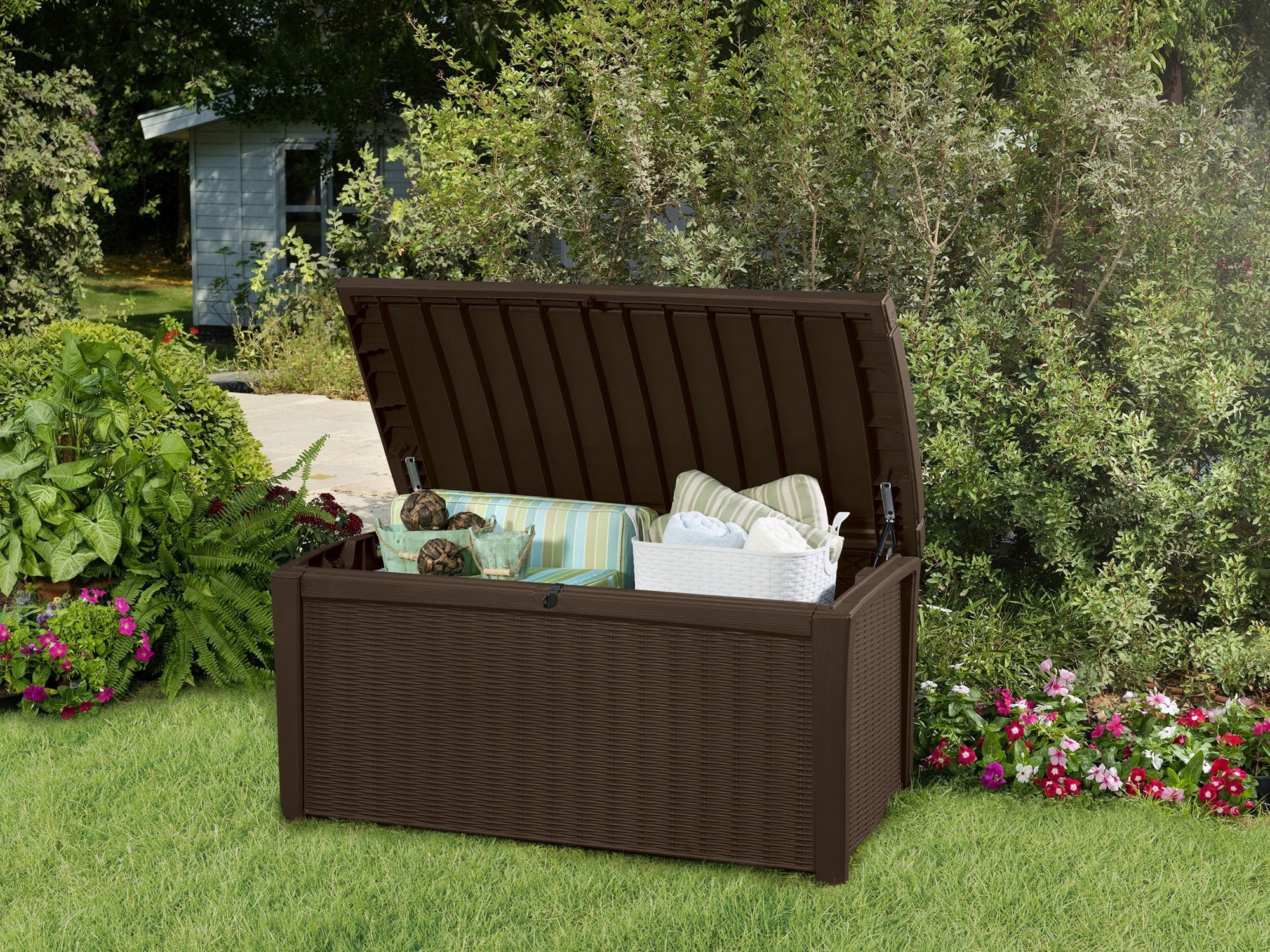 Keter Borneo Outdoor All-Weather 110 Gallon Plastic and Resin Deck Box, Brown