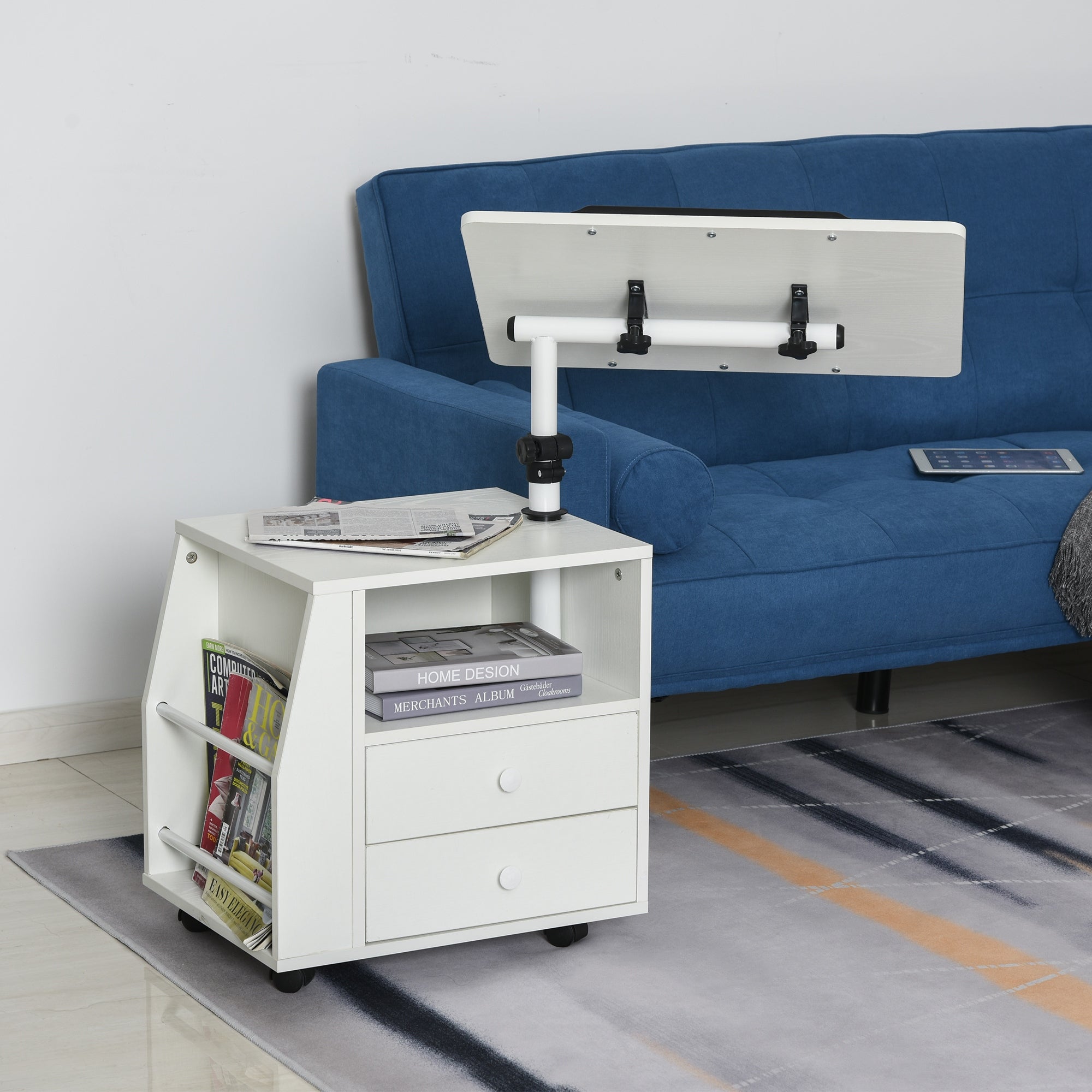 HOMCOM Modern End/Side Table for the Living Room or Bedroom with a 360-deg Adjustable Height Tabletop and 2 Storage Drawers