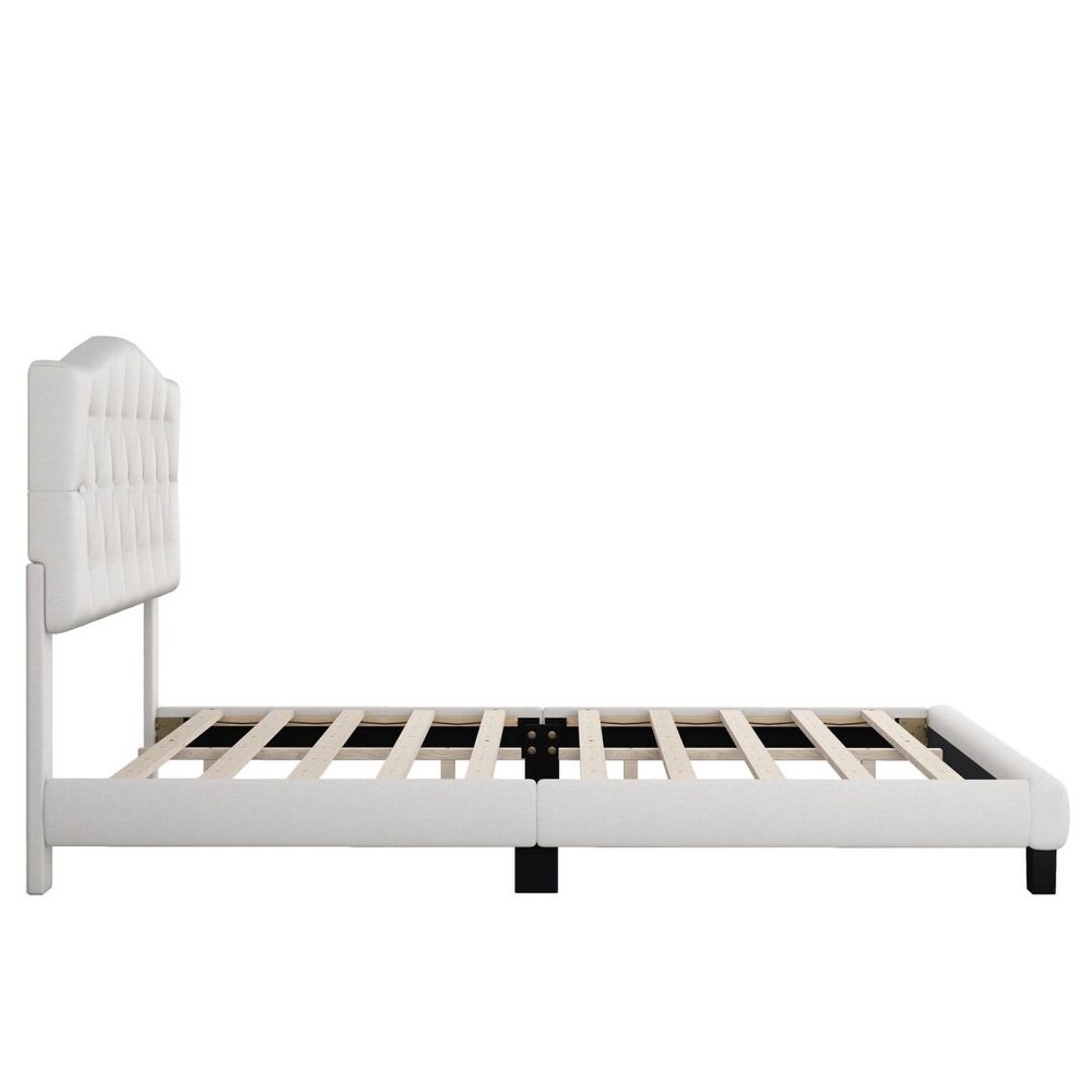 Modern Platform Bed Frame Wood Slat Diamond Tufted Headboard Sturdy