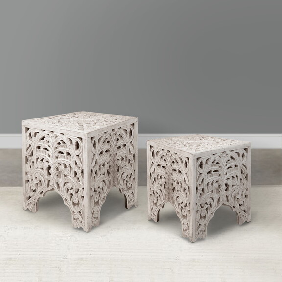 Wooden End Table with Floral Cut Out Design  Set o...