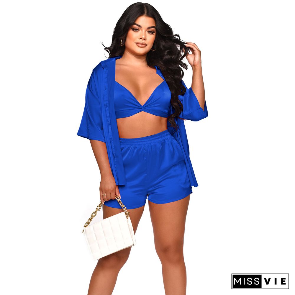 Casual Solid Color Loose Shirts+Bra+Shorts 3 Piece Set