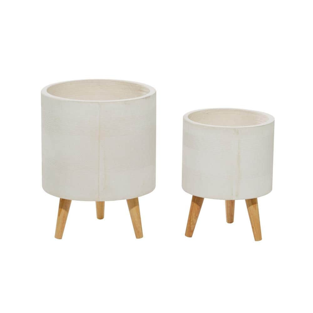 Litton Lane 16in. Medium White Ceramic Indoor Outdoor Planter with Wood Legs (2- Pack) 46492