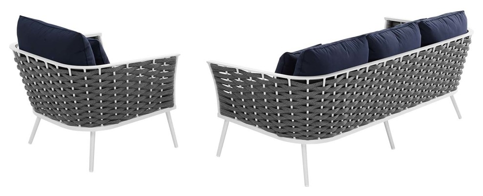 Stance 2 Piece Outdoor Patio Aluminum Sectional Sofa Set  White Navy   Midcentury   Outdoor Sofas   by Kolibri Decor  Houzz