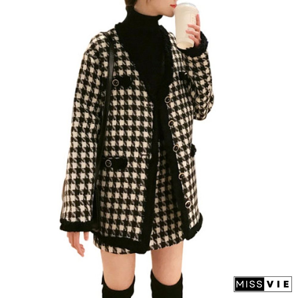 Houndstooth Vintage Two Piece Sets Outfits Women Autumn Cardigan Tops And Mini Skirt Suits Elegant Ladies Fashion 2 Piece Sets