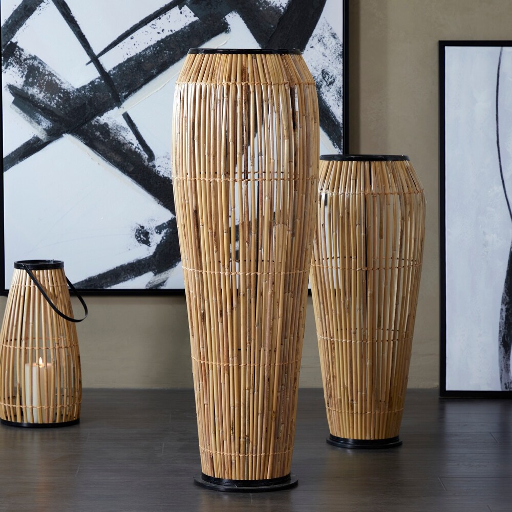 The Novogratz Brown Wicker Handmade Slatted Frame Vase with Black Metal Accents