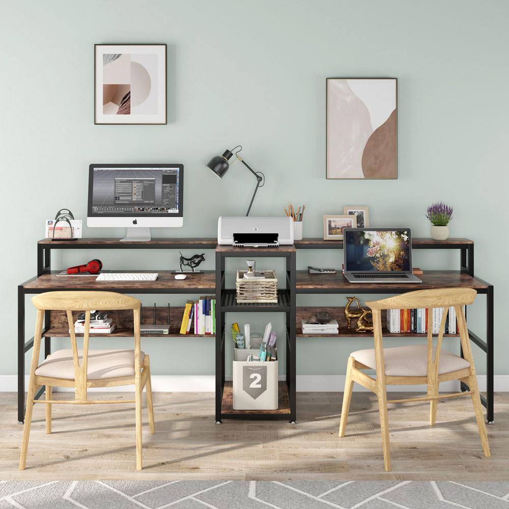 Tribesigns Cassey 94.5 in. Rectangular Brown Engineered Wood Computer Desk with Hutch Shelf for Two Person FFHD-F1279