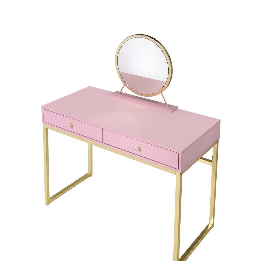 Gold Finish Vanity Desk with Mirror and Jewelry Tray