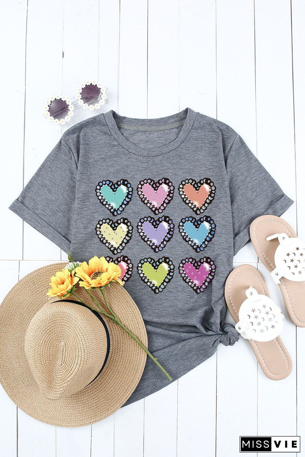 Gray Colorful Heart Shaped Print Crew Neck Casual Tee