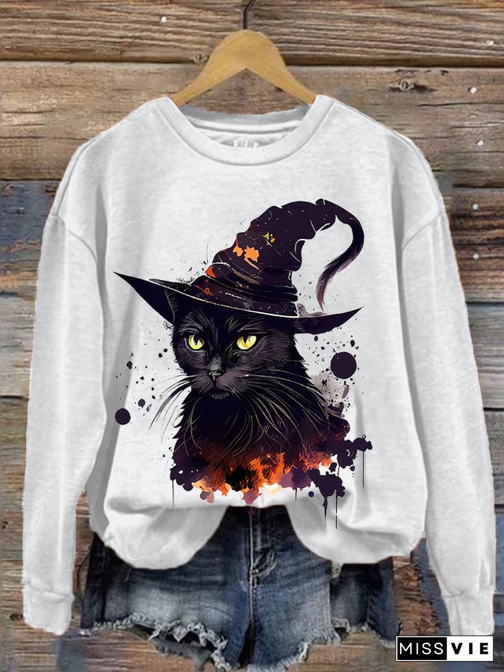 Women's Halloween Witches Cat Print Sweatshirt