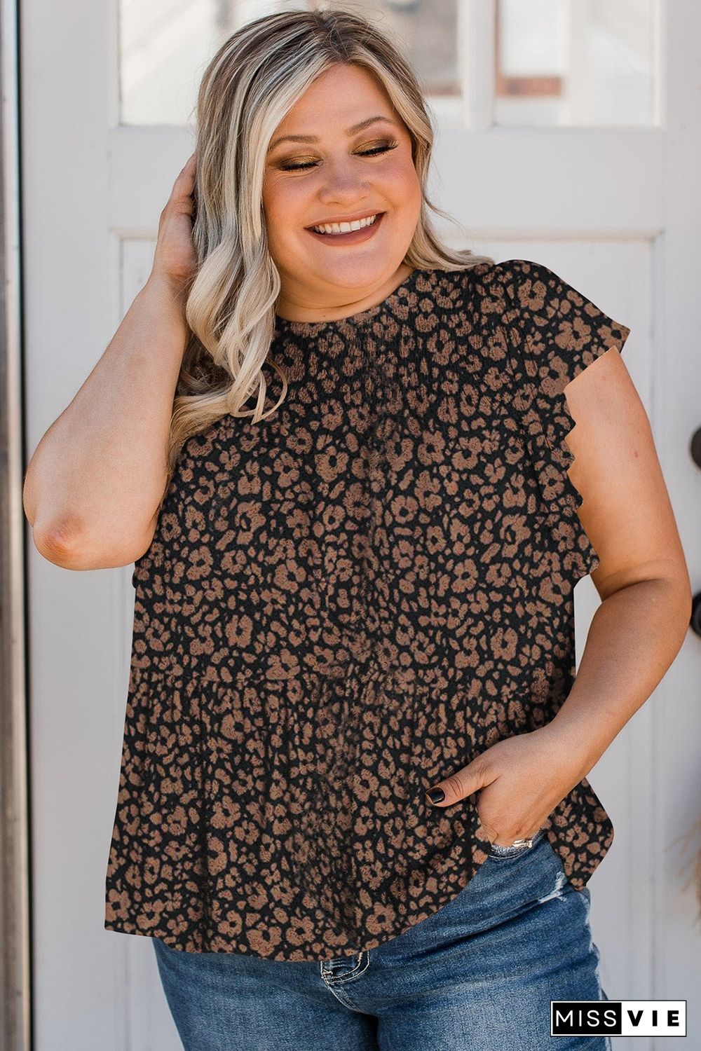 Black Plus Size Smocked Floral Blouse