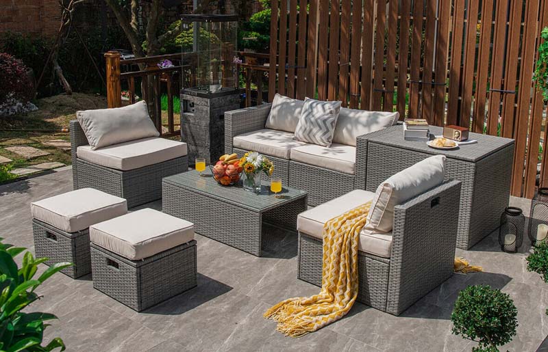 8 Pcs Rattan Patio Sectional Furniture Set Wicker Outdoor Cushioned Sofa Set with Storage Box & Waterproof Cover