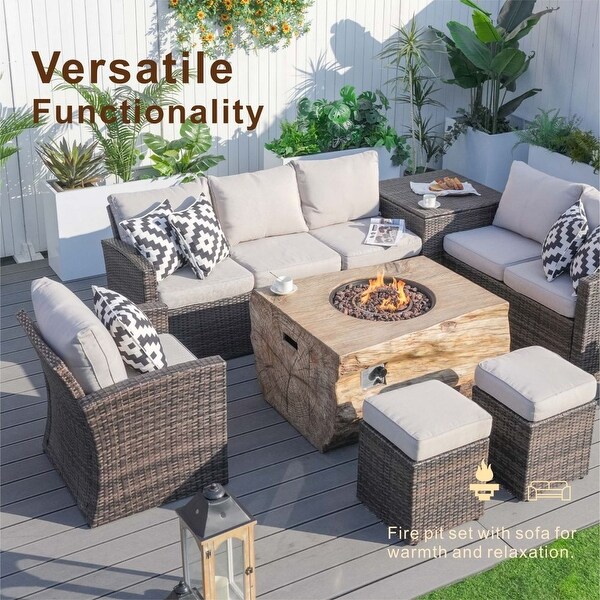 7piece Patio Wicker Garden Chat Sofa Set with Fire Pit and Storage Box