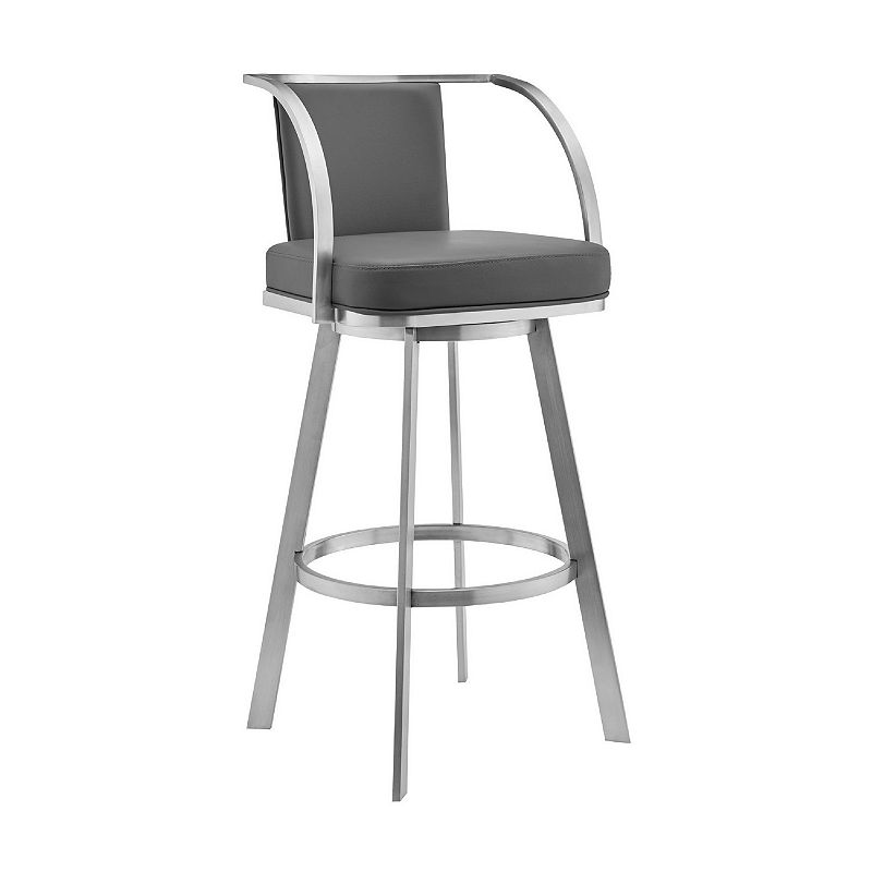 Metal Swivel Barstool with Open Curved Frame Arms， Gray and Silver