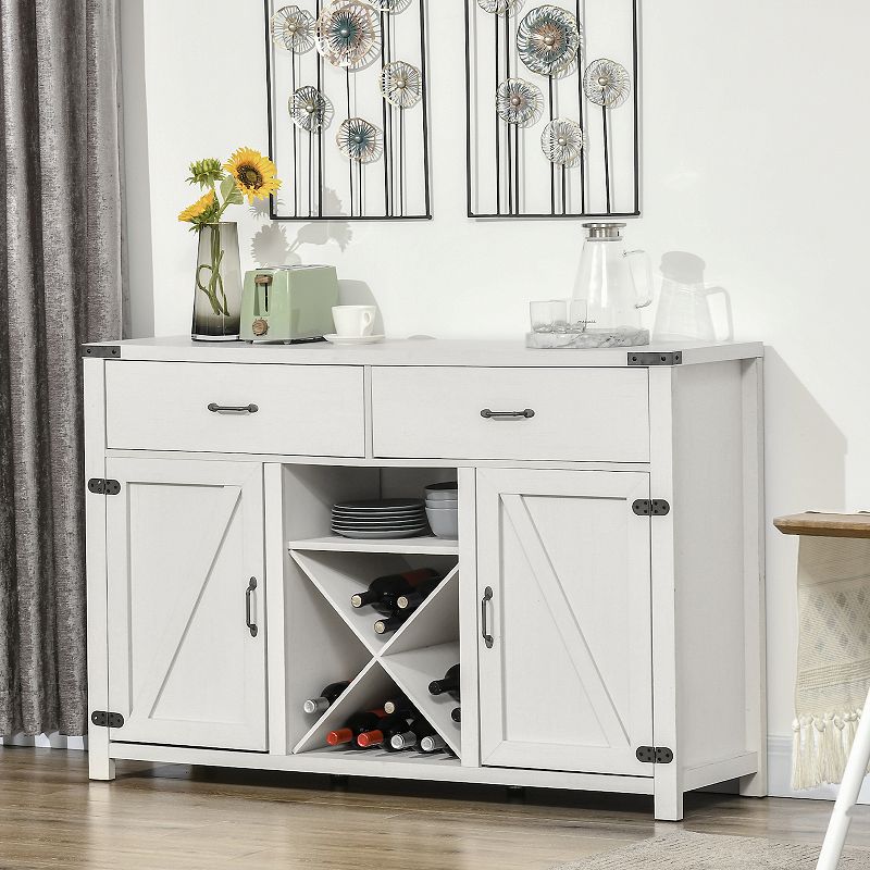 HOMCOM Wooden Farmhouse Sideboard， Storage Buffet Cabinet with 2 Large Drawers， X-Shaped Wine Rack， and Cabinets， White