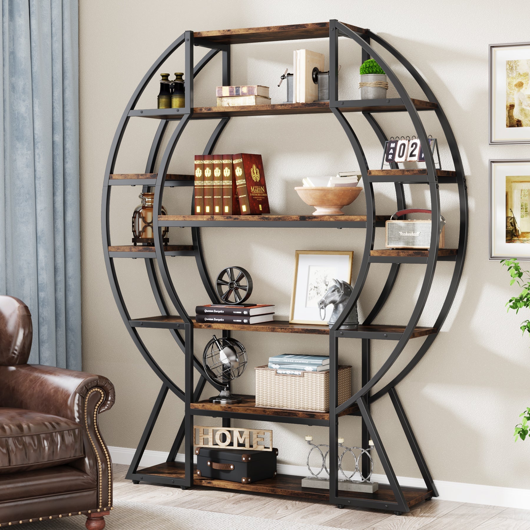 6-Tier Bookshelf, 69 Large Oval Triple Wide Bookcase with Metal Frame