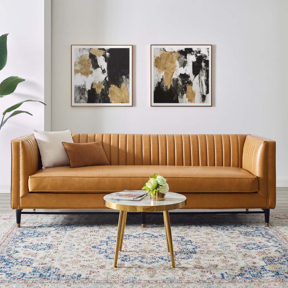 Devote Channel Tufted Vegan Leather Sofa  Tan   Midcentury   Sofas   by PARMA HOME  Houzz