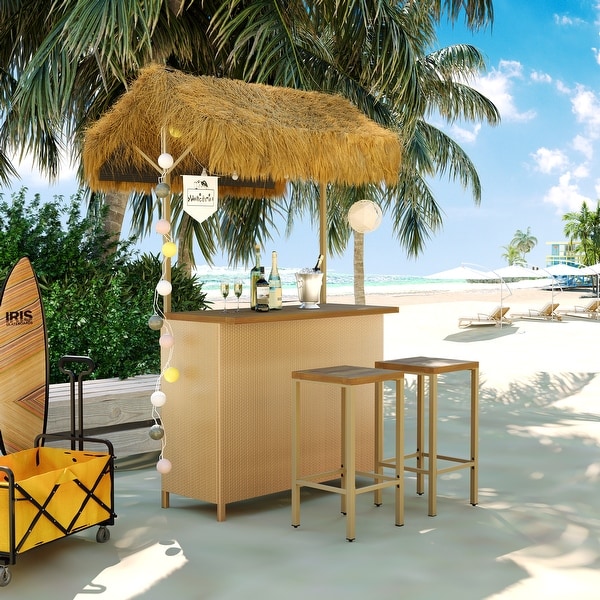 Outdoor Bar Height Patio Set with PE Grass Canopy and Adjustable Feet