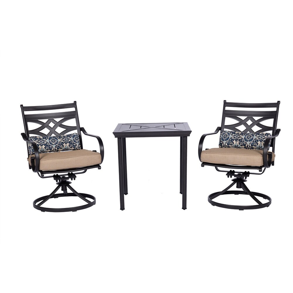 Hanover Montclair 3 Piece Bistro Dining Set in Tan with 2 Swivel Rockers and a 27 In.Square Table