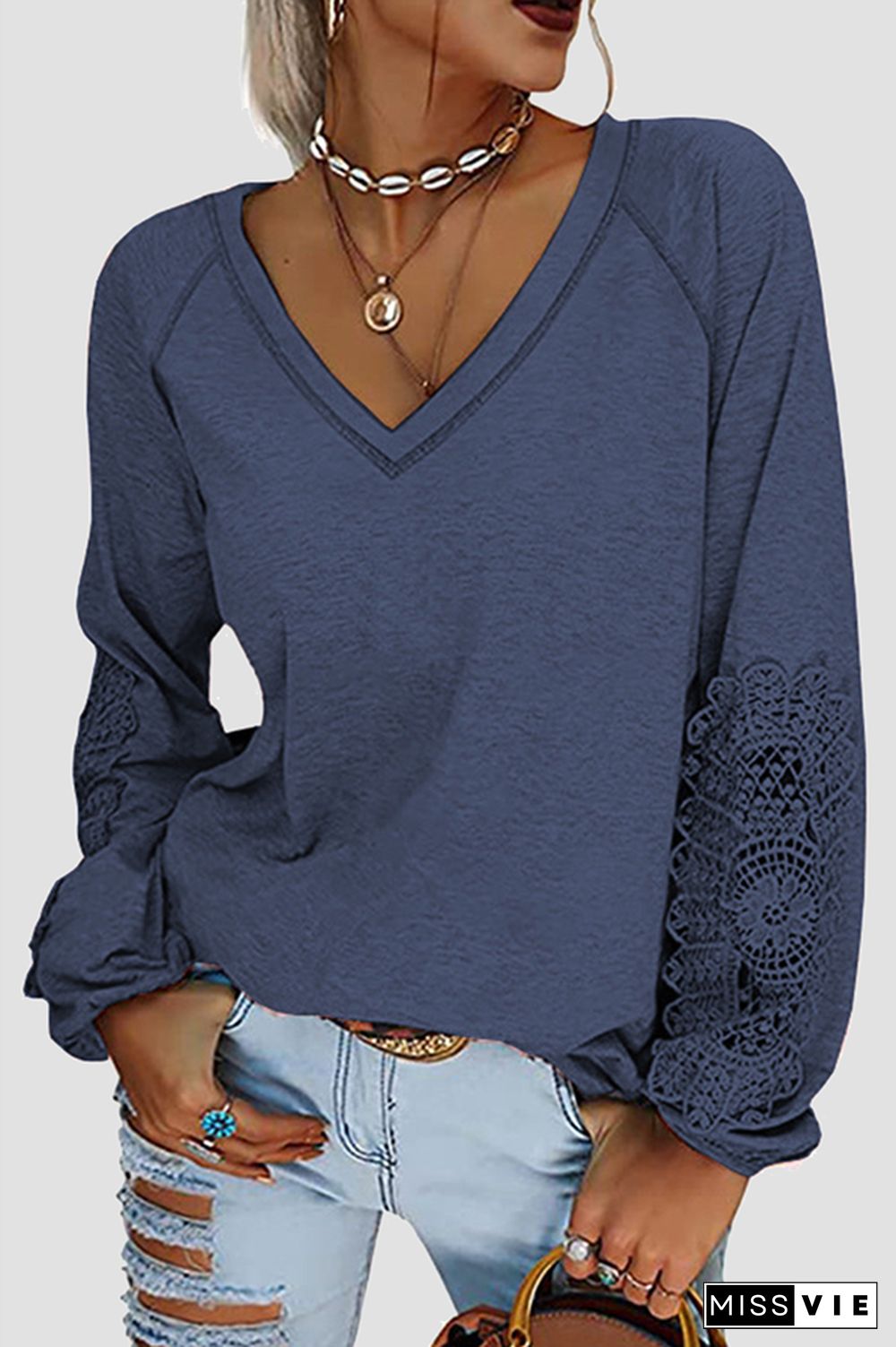 Casual Solid Lace Split Joint V Neck T-Shirts