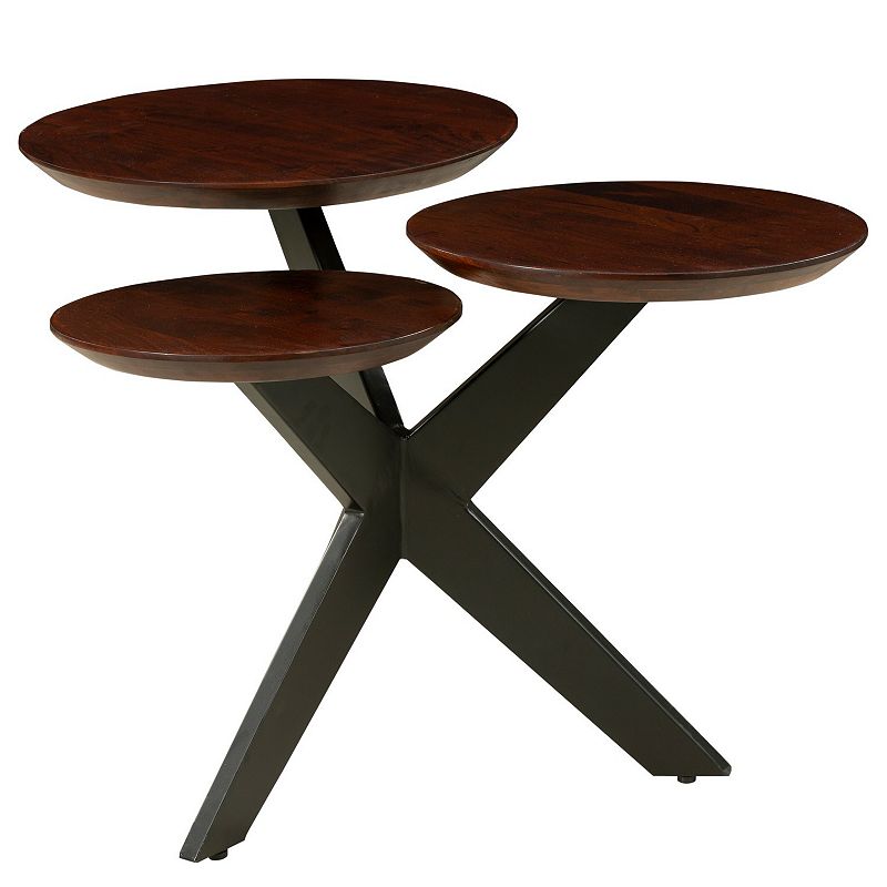 Modern Coffee Table with 3 Tier Wooden Top and Boomerang Legs， Brown and Black