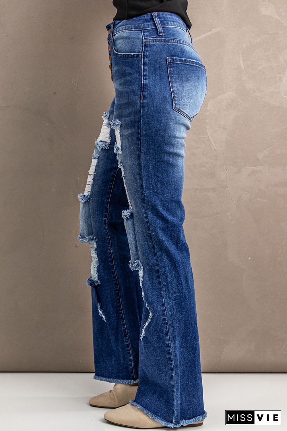 Blue Distressed Ripped Buttons Bell Bottom Jeans