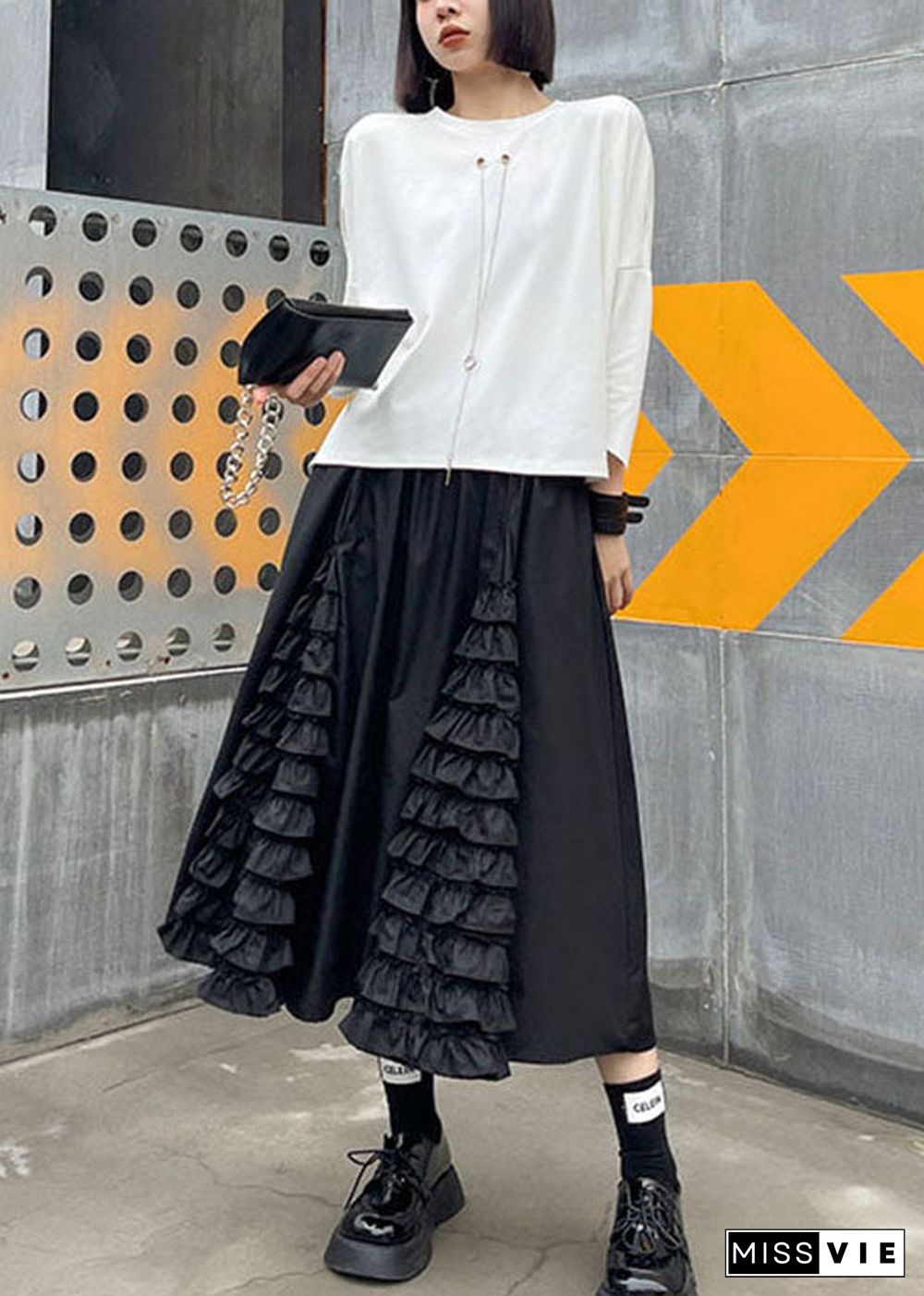 Women Black Ruffled Patchwork A Line Fall Skirts