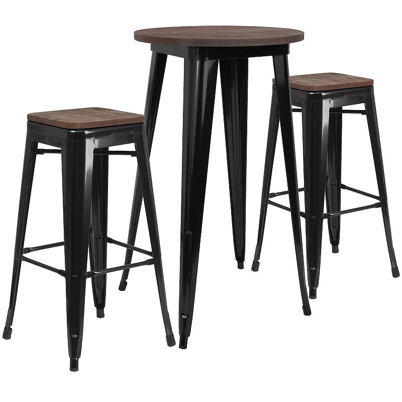 Emma and Oliver 24 Round Black Metal/Wood Bar Table Set - 2 Backless Stools