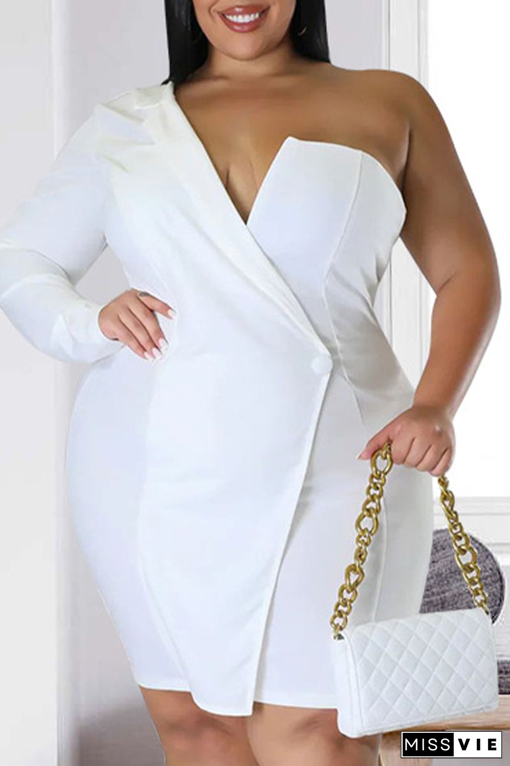 White Casual Elegant Solid Patchwork V Neck Wrapped Skirt Plus Size Dresses