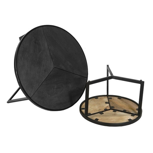 28， 20 Inch Round Nesting Coffee Table Set Of 2， Handcrafted Mango Wood Charcoal Gray Top， Black Iron Base