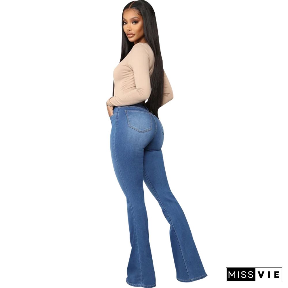 High Waist Full Length Slim Flare Jeans Pants