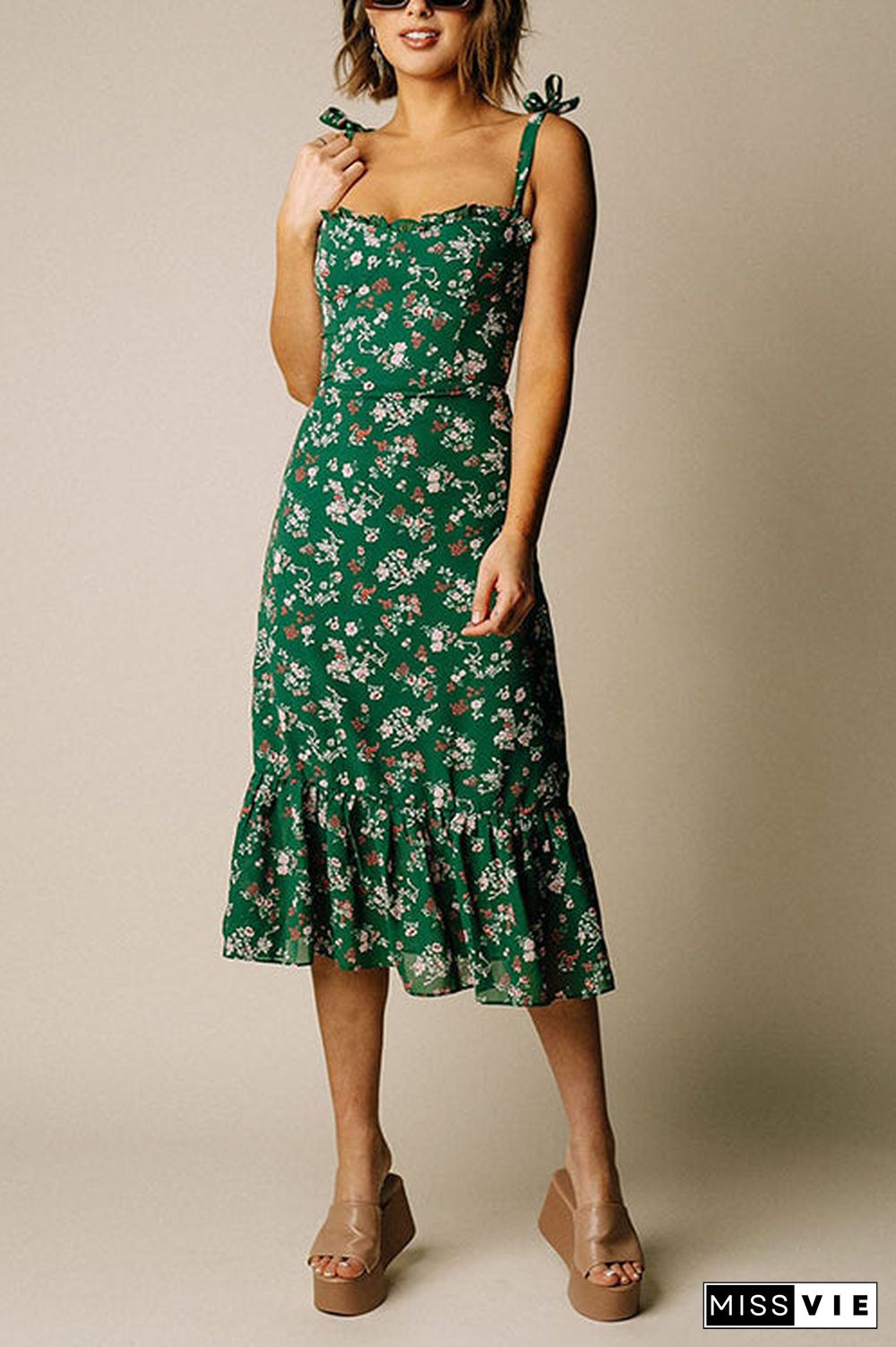 Print Tie Slip Slim Midi Dress