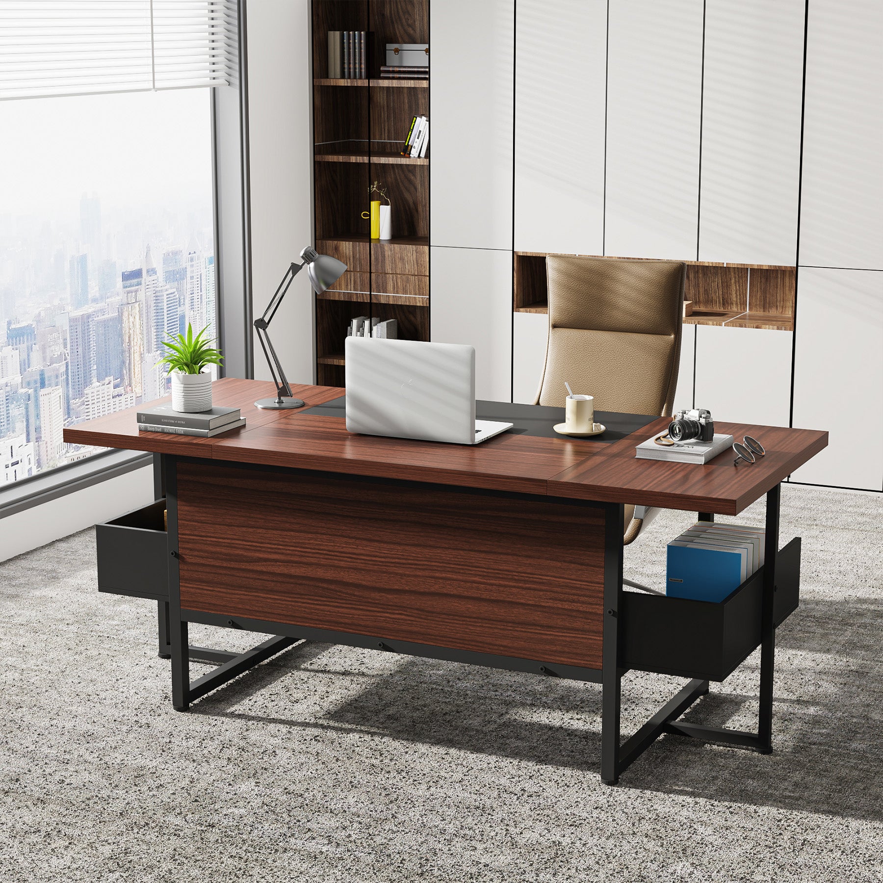 Large Executive Desk Computer Table Office Desk with Bottom Shelves