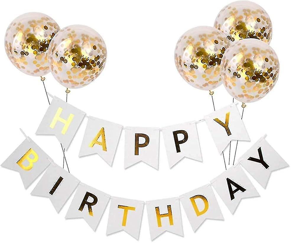 Birthday Banner，happy Birthday Banner And 5 Pcs Confetti Balloons，birthday Party Decoration(white Banner)