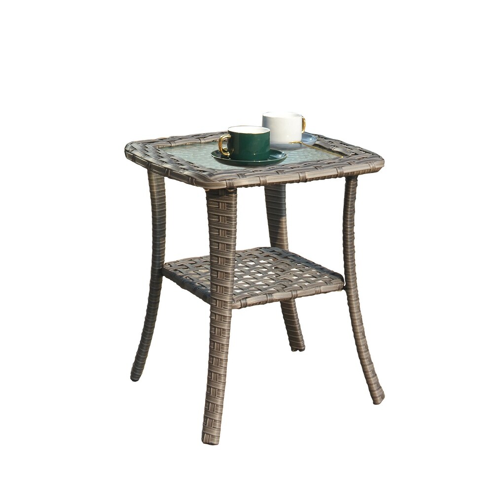 OVIOS Patio Outdoor Wicker Side Table with Glass Top