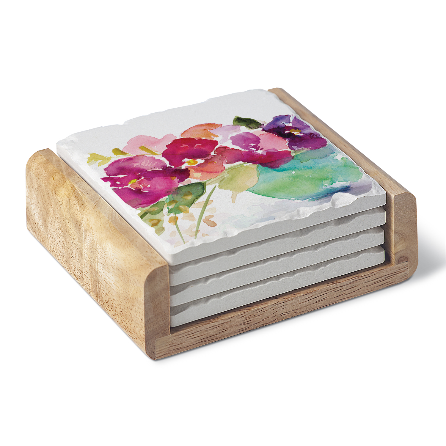 CounterArt Bowl Of Blooms Single Image Absorbent Stone Coaster Set of 4 in Wooden Holder