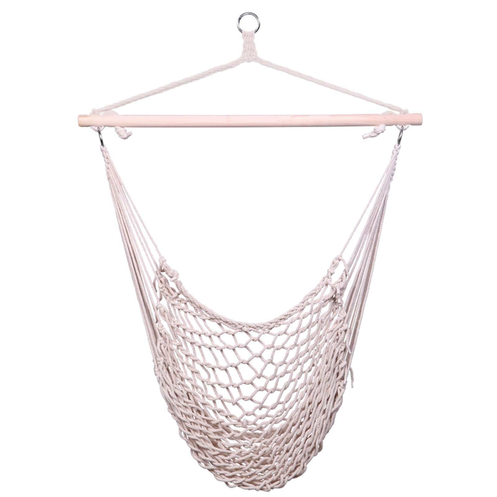 Indoor Outdoor Handmade Hanging Cotton Rope Hammock Lounge Swing Chair for Patio, Porch, Bedroom, Backyard - Beige