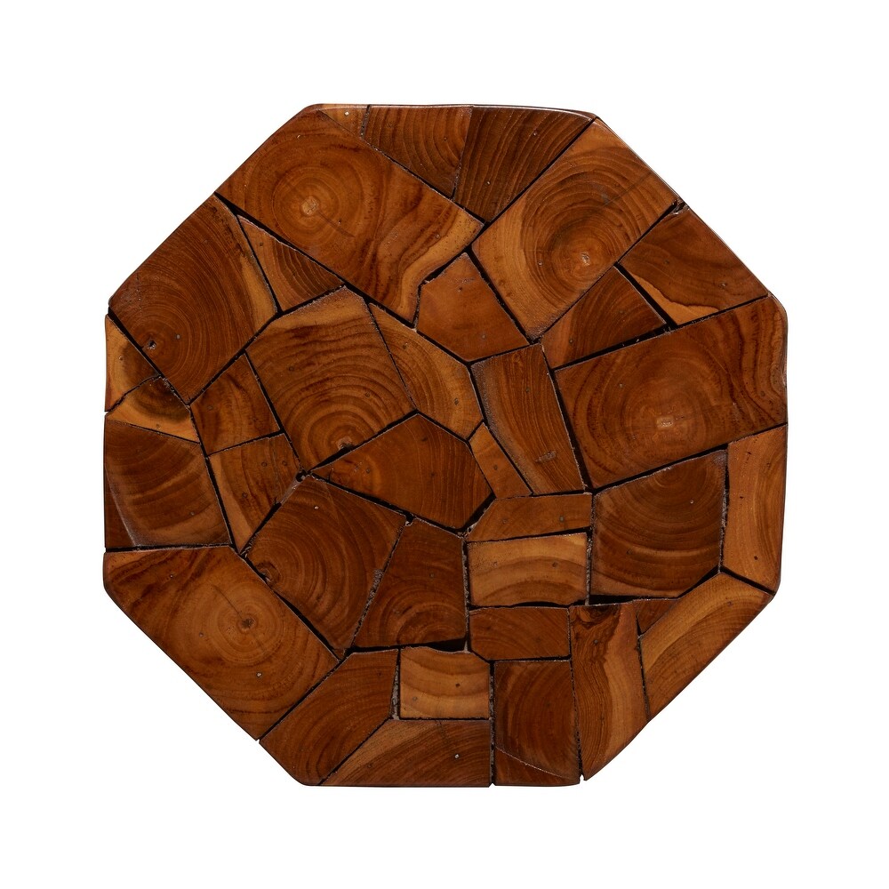 Brown Teak Wood Handmade Accent Table with Mosaic Wood Chip Design